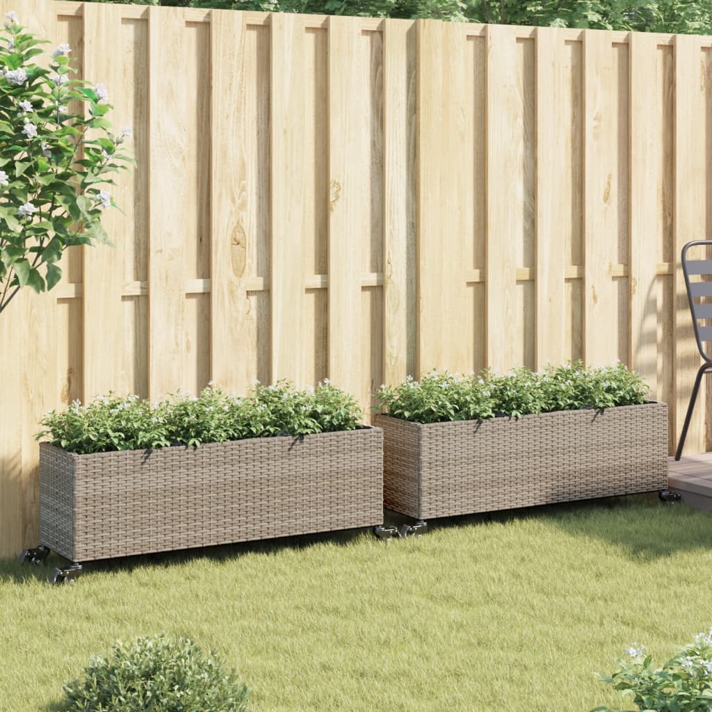Vidaxl plantenbakken met wielen 2 st 107x32x38 cm poly rattan grijs