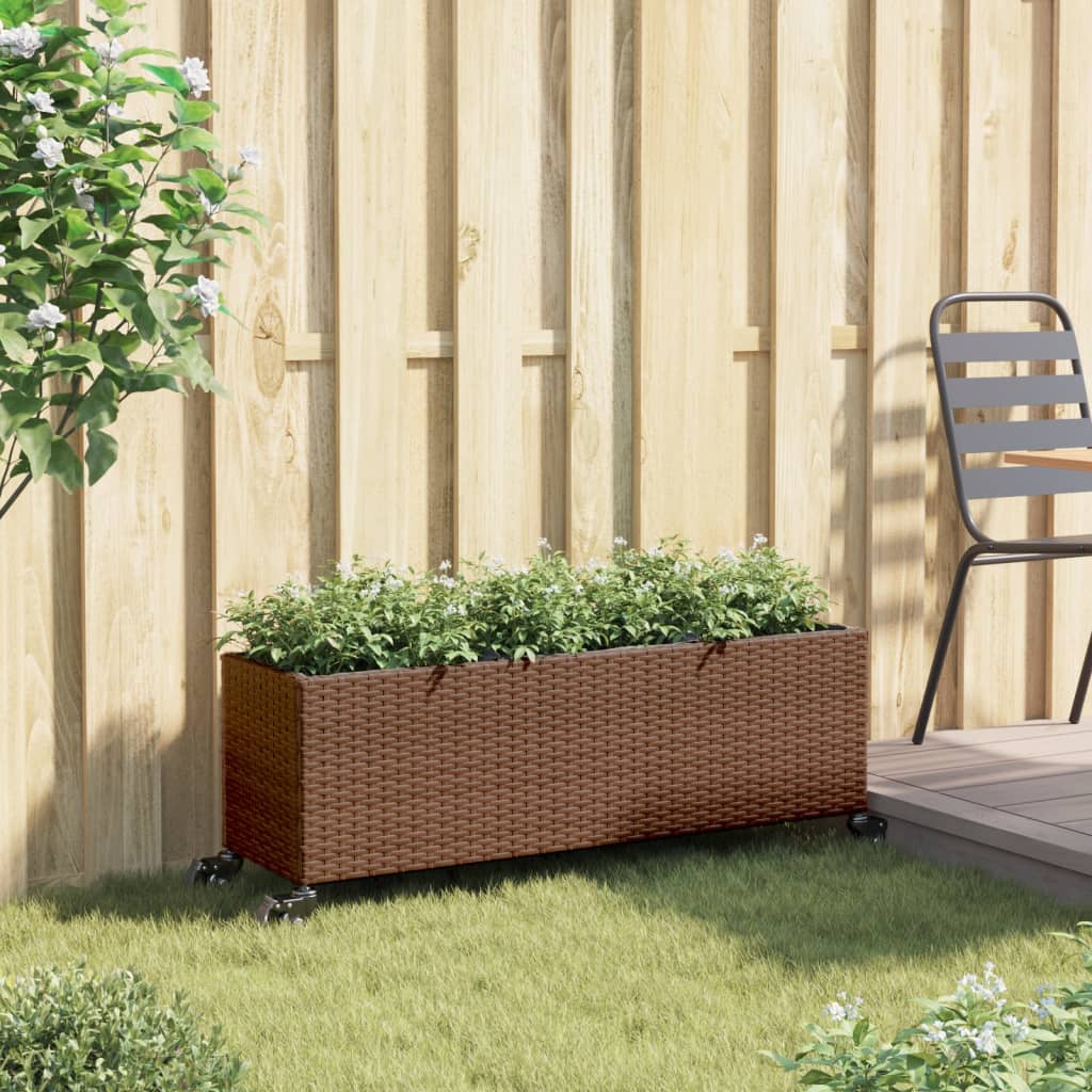 Vidaxl plantenbak met wielen 3 potten 107x32x38 cm poly rattan bruin