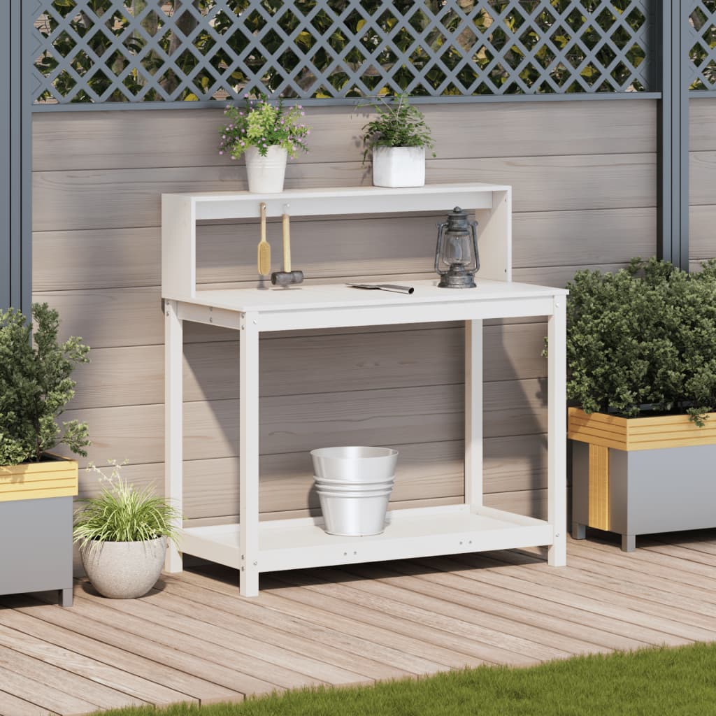 Vidaxl oppottafel met schappen 108x50x109,5 cm massief groenhout wit