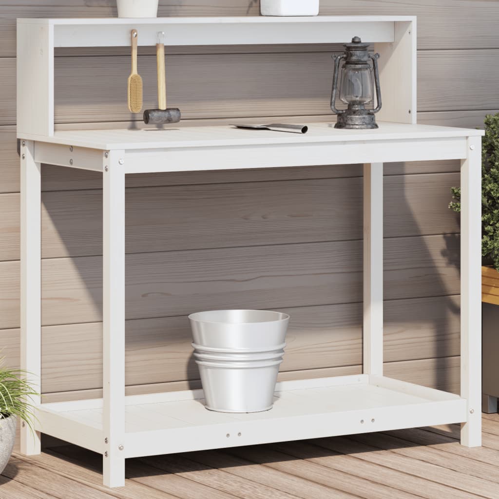 Vidaxl oppottafel met schappen 108x50x109,5 cm massief groenhout wit