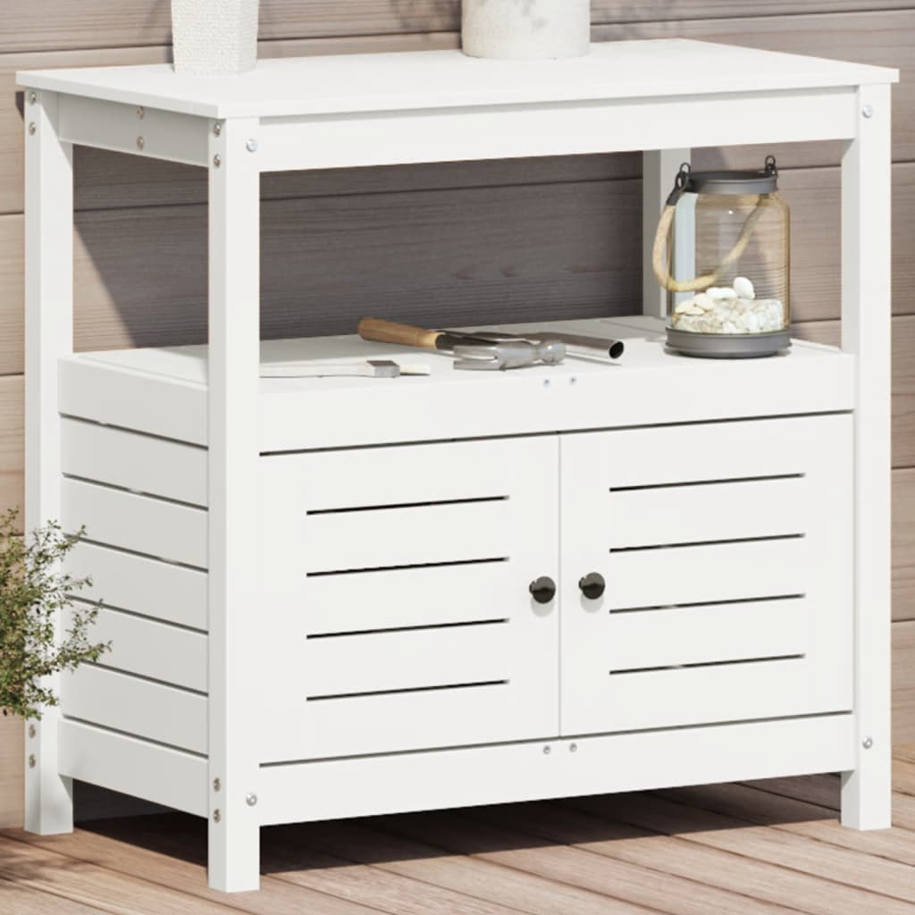 Vidaxl oppottafel met schappen 82,5x45x81 cm massief groenhout wit