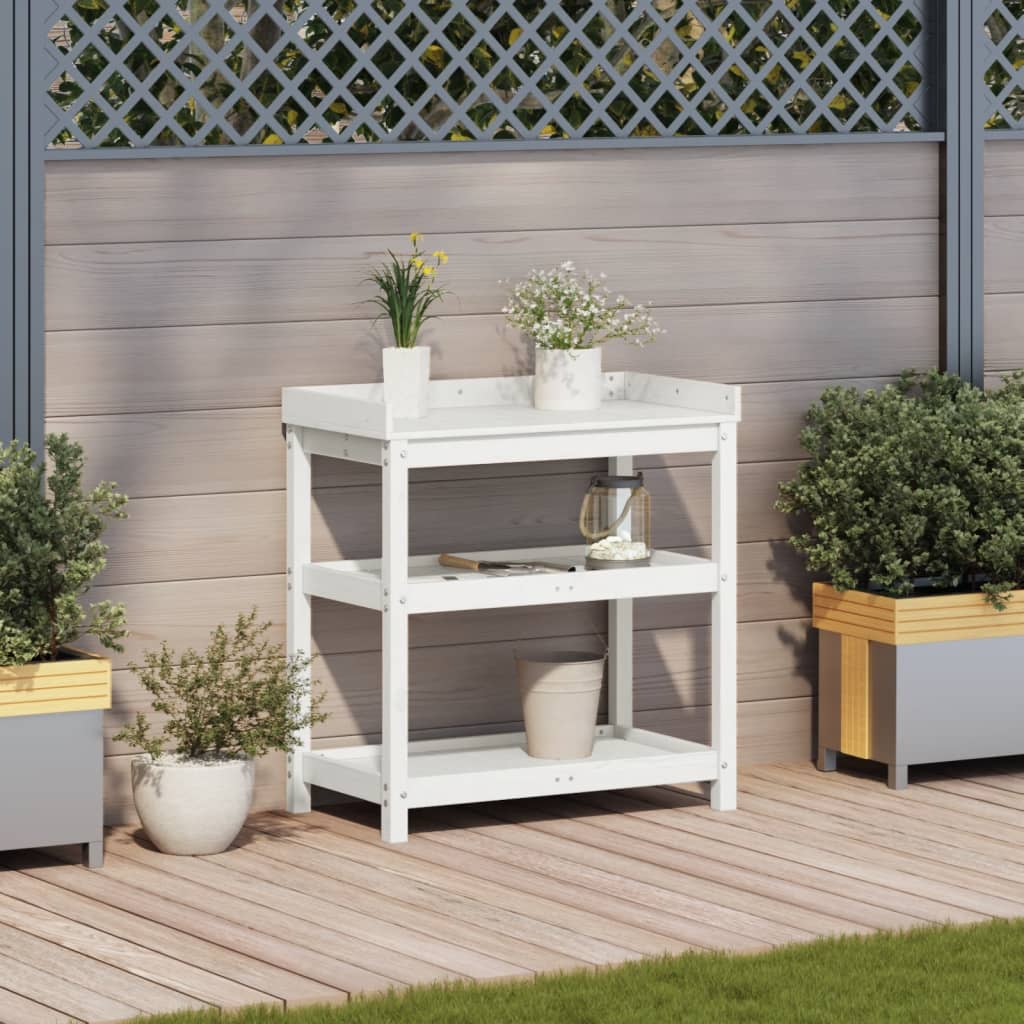 Vidaxl oppottafel met schappen 82,5x45x86,5 cm massief groenhout wit