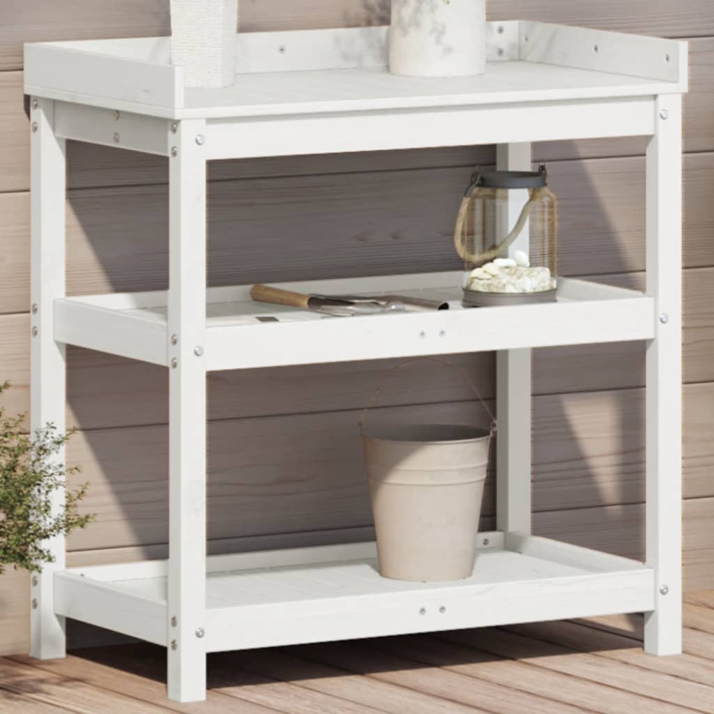Vidaxl oppottafel met schappen 82,5x45x86,5 cm massief groenhout wit
