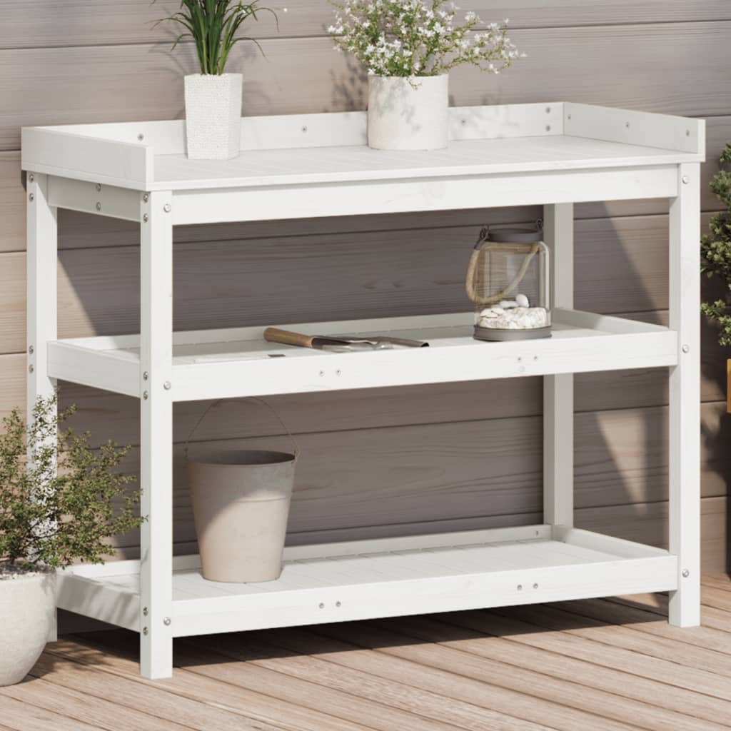 Vidaxl oppottafel met schappen 108x45x86,5 cm massief groenhout wit