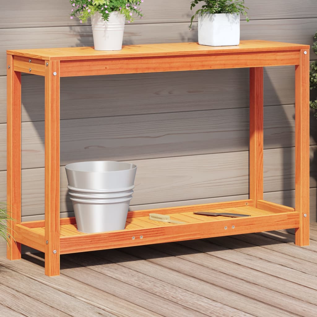 Vidaxl oppottafel met schap 108x35x75 cm massief groenenhout wasbruin