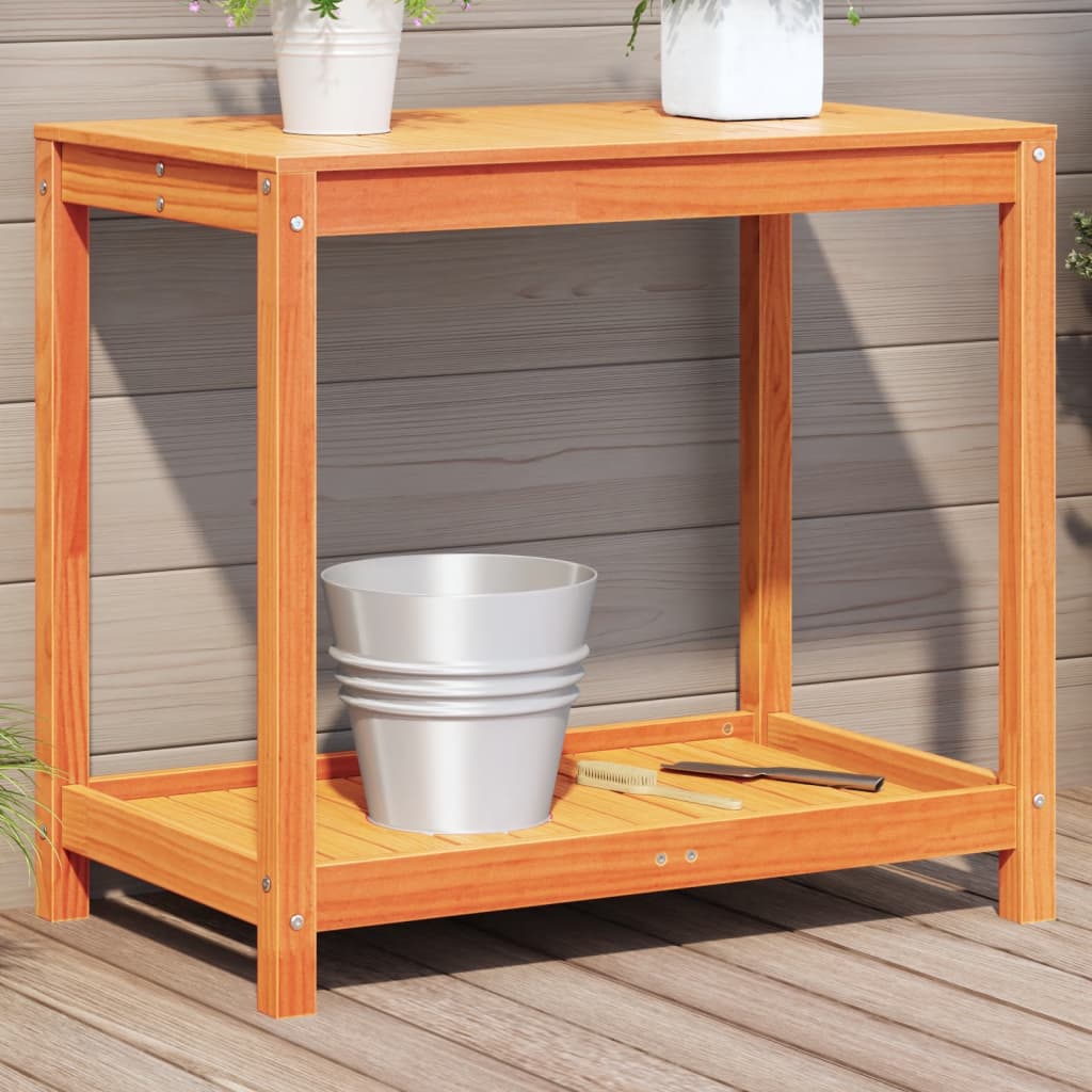 Vidaxl oppottafel met schap 82,5x50x75 cm massief groenhout wasbruin