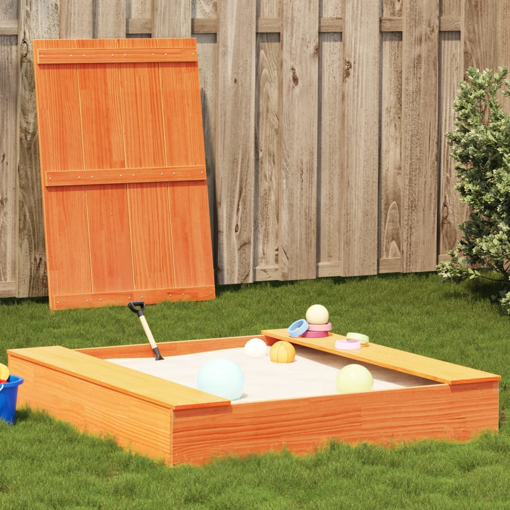 Vidaxl zandbak met deksel 111x111x19,5 cm massief groenhout wasbruin