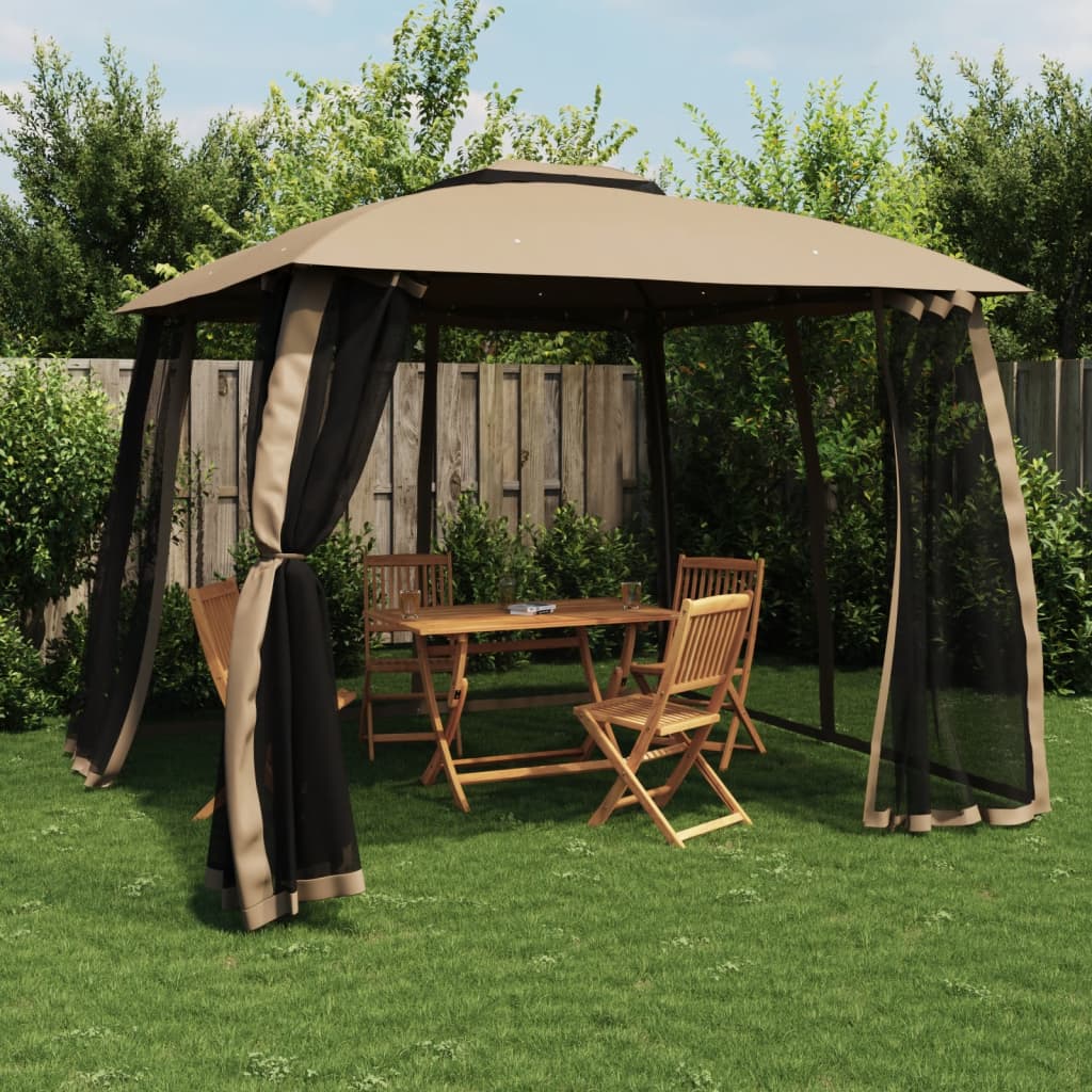 Vidaxl prieel zijwanden van gaas en dubbel dak 2,93x2,93m staal taupe