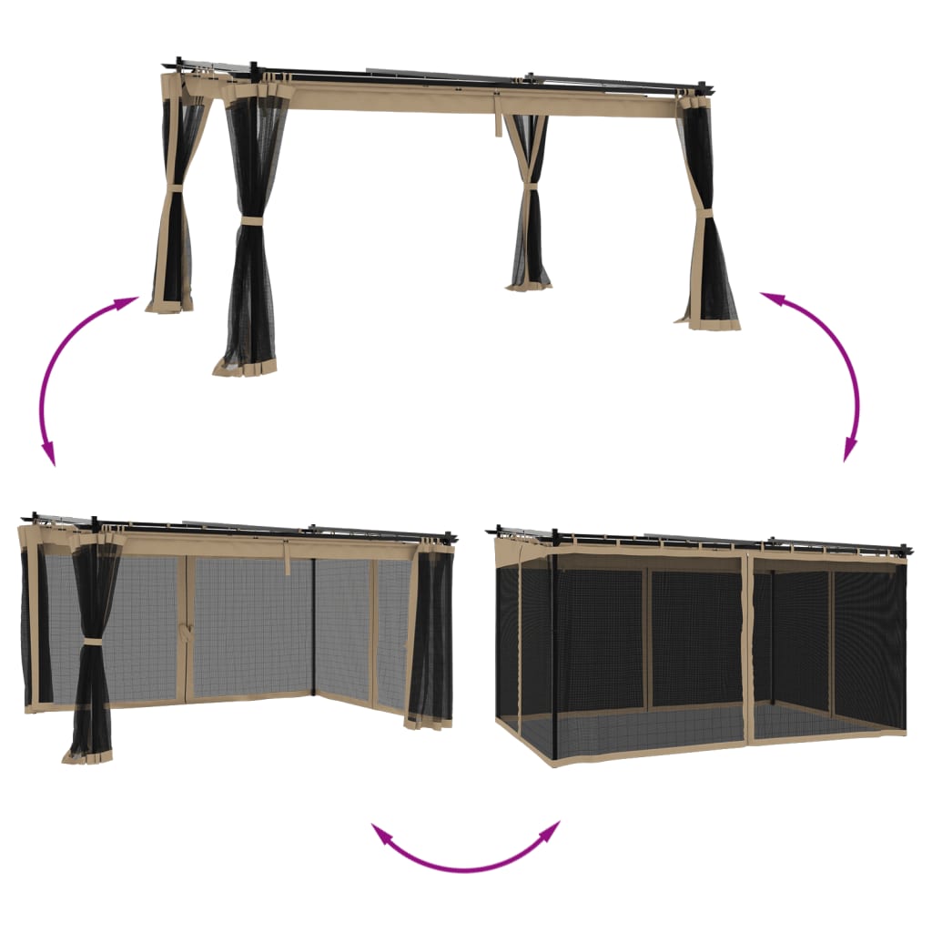 Vidaxl prieel met zijwanden van gaas 4x3m staal taupe