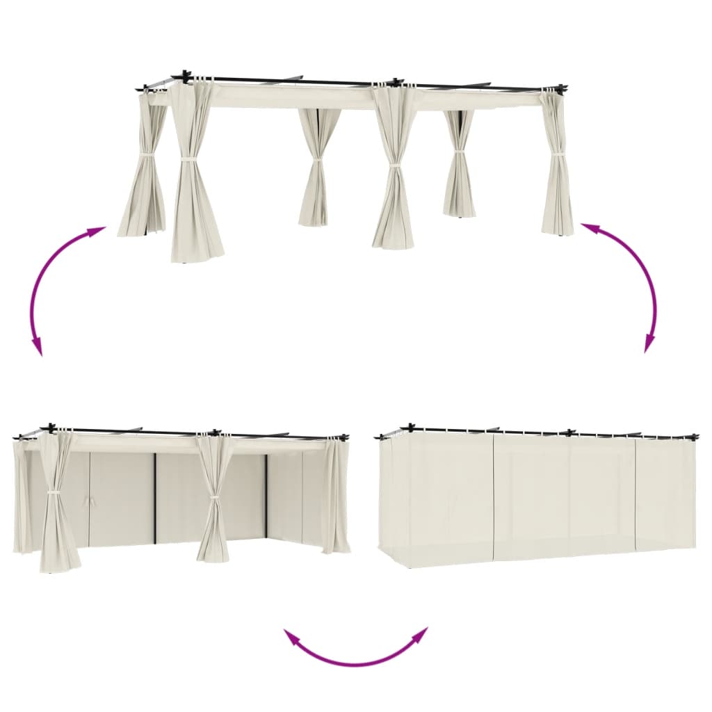 VidaXL Prieel met gordijnen 6x3m staal crèmekleurig