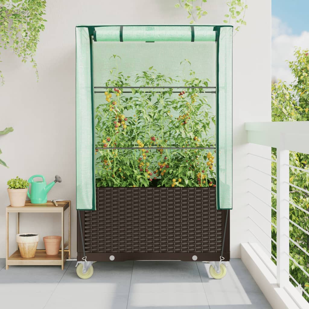 Vidaxl plantenbak verhoogd met schoffels en wielen 80x50x182 cm rotanlook