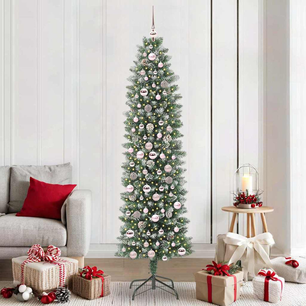 Vidaxl kunstmatige slanke kerstboom met 300 led groen en wit 210 cm