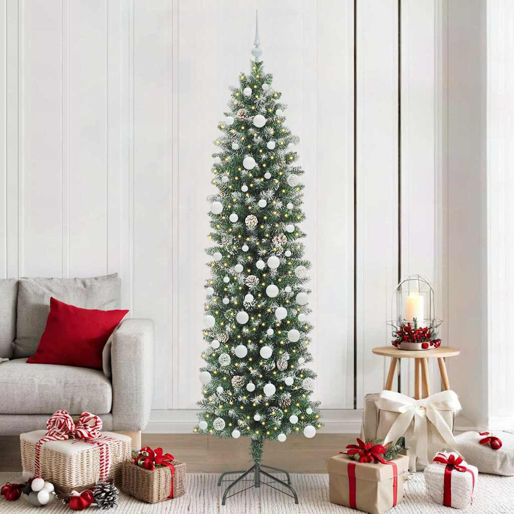 Vidaxl kunstmatige slanke kerstboom met 300 led groen en wit 210 cm