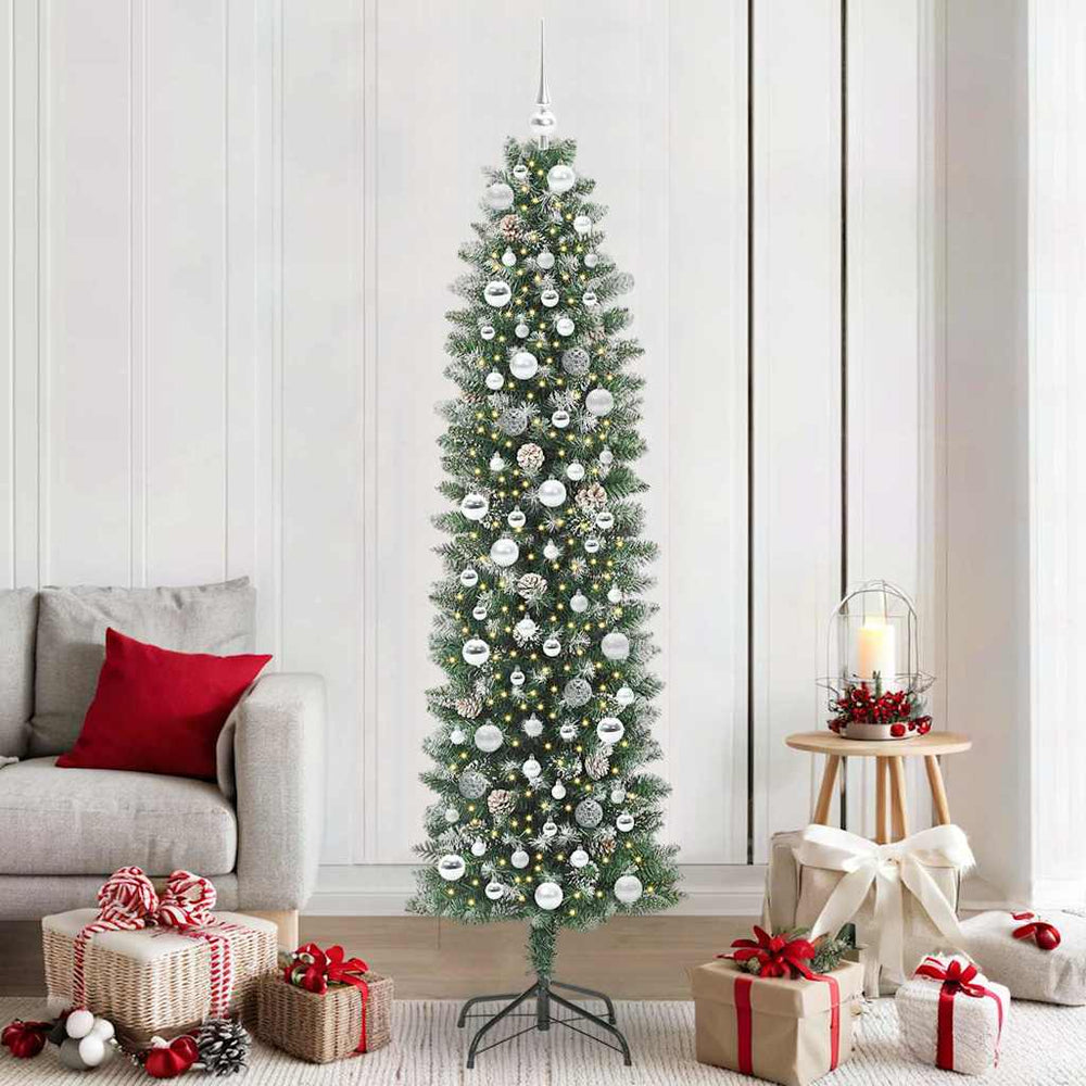 Vidaxl kunstmatige slanke kerstboom met 300 led groen en wit 210 cm