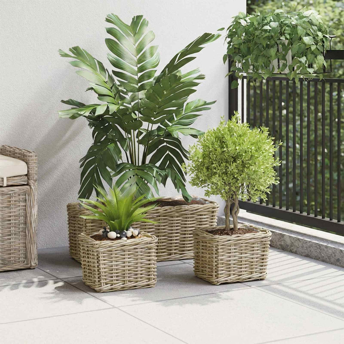 Vidaxl plantenmand met opslag gendt 3 st natuurlijk grijs kubu rattan