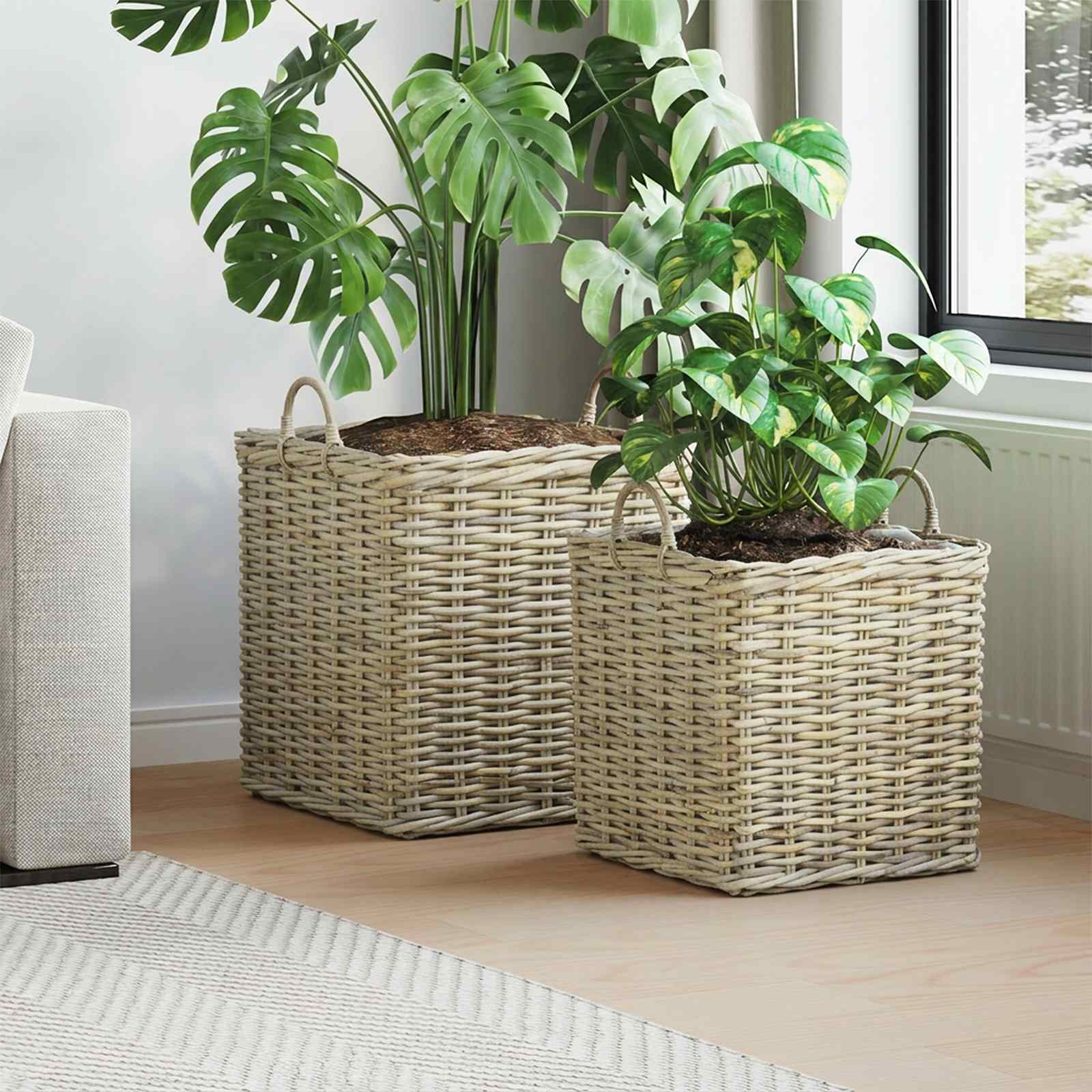 Vidaxl plantenmand met opslag gendt 2 st natuurlijk grijs kubu rattan