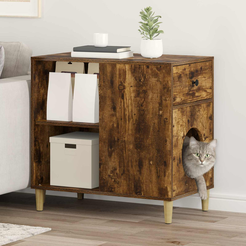 Vidaxl kattenhuis gerookt eiken 72 x 42,5 x 70 cm bewerkt hout