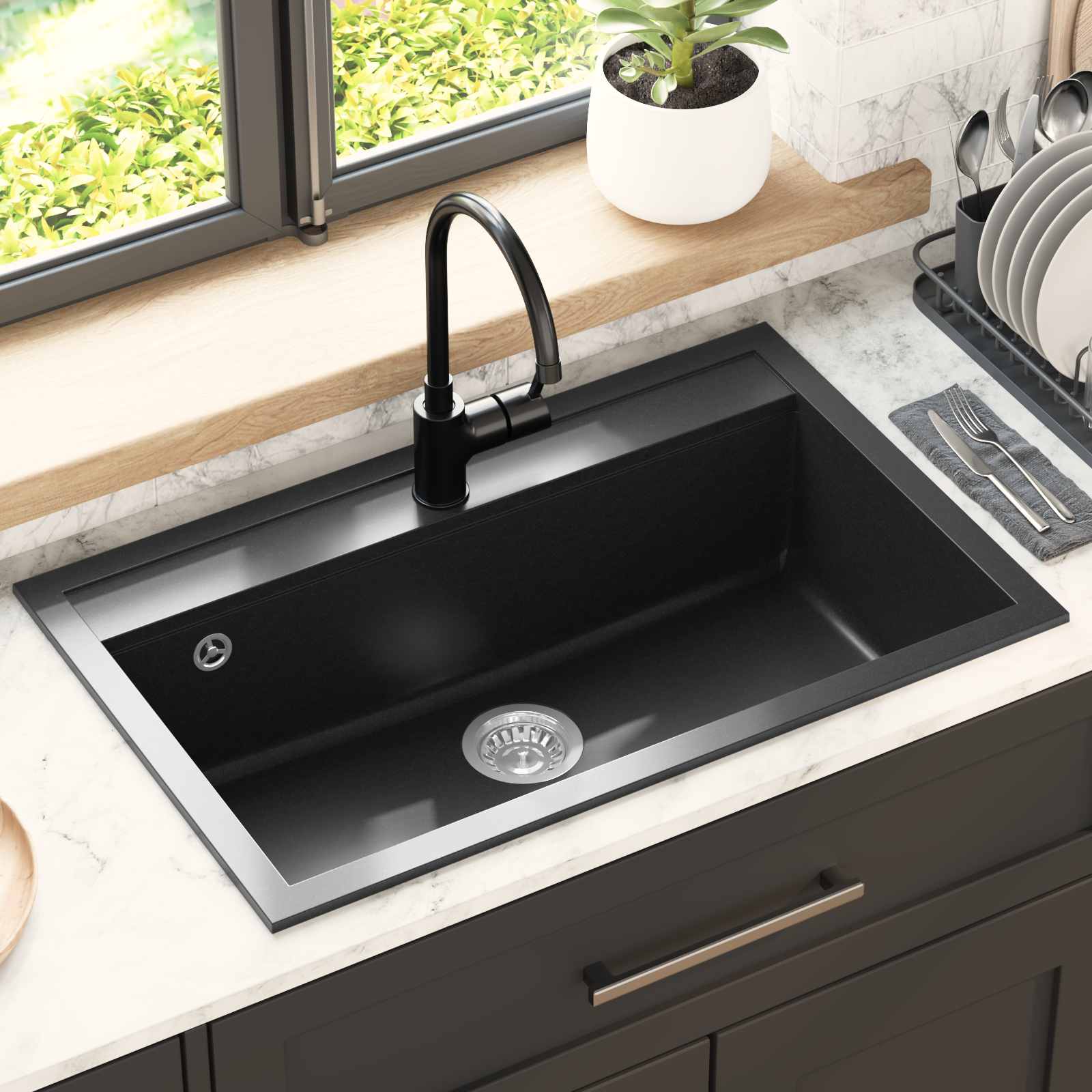 Vidaxl wasbak graniet 795 x 505 mm zwart