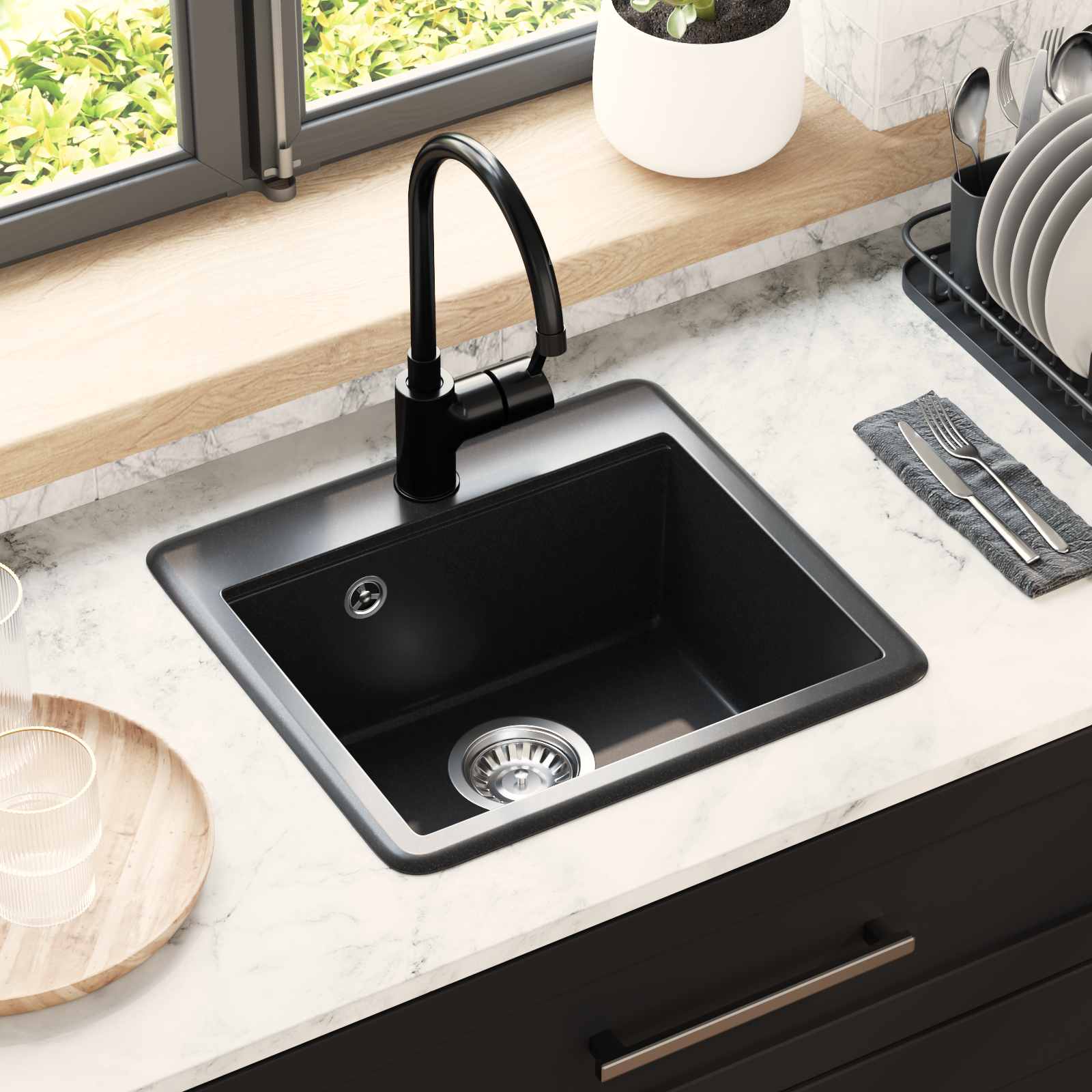Vidaxl wasbak 80% kwarts en 20% hars 470 x 440 mm zwart