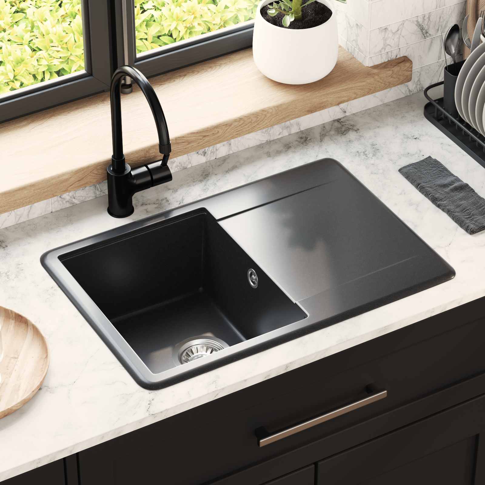 Vidaxl wasbak 80% kwarts en 20% hars 670 x 460 mm zwart