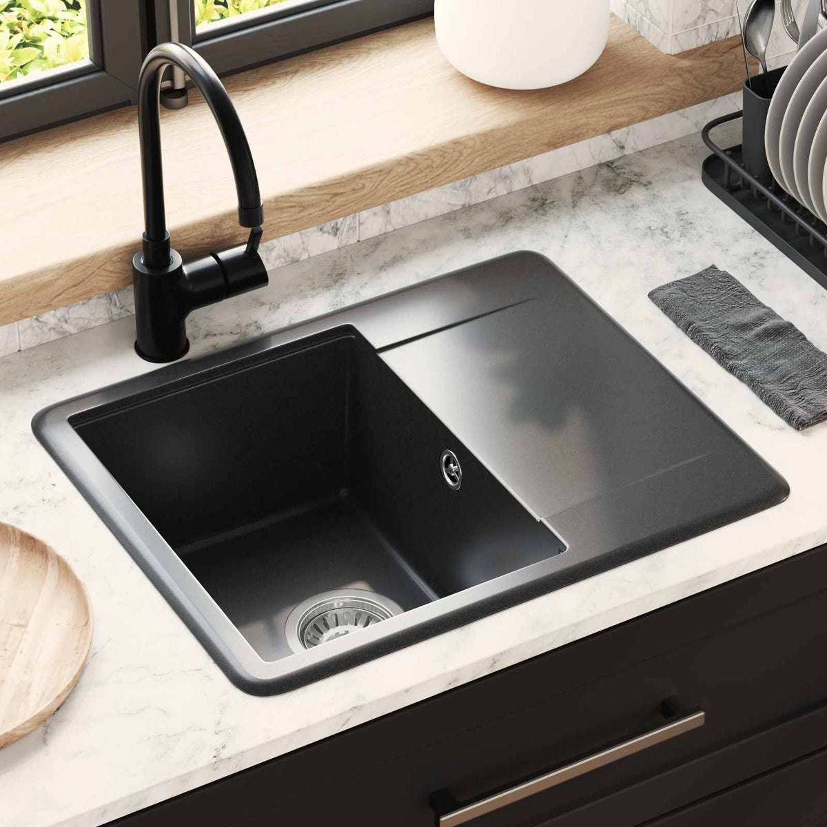 Vidaxl wasbak 80% kwarts en 20% hars 560 x 460 mm zwart