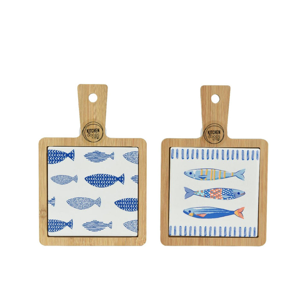 Decoris snijplank met vissen porselein 18x12x1cm 2 assorti