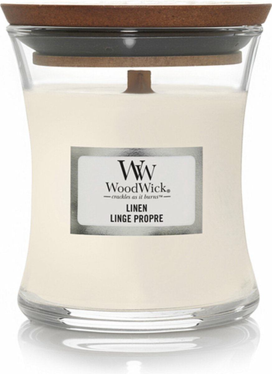 Woodwick geurkaars mini candle - linen - 20 branduren - 85gr - 8 cm ø 7 cm