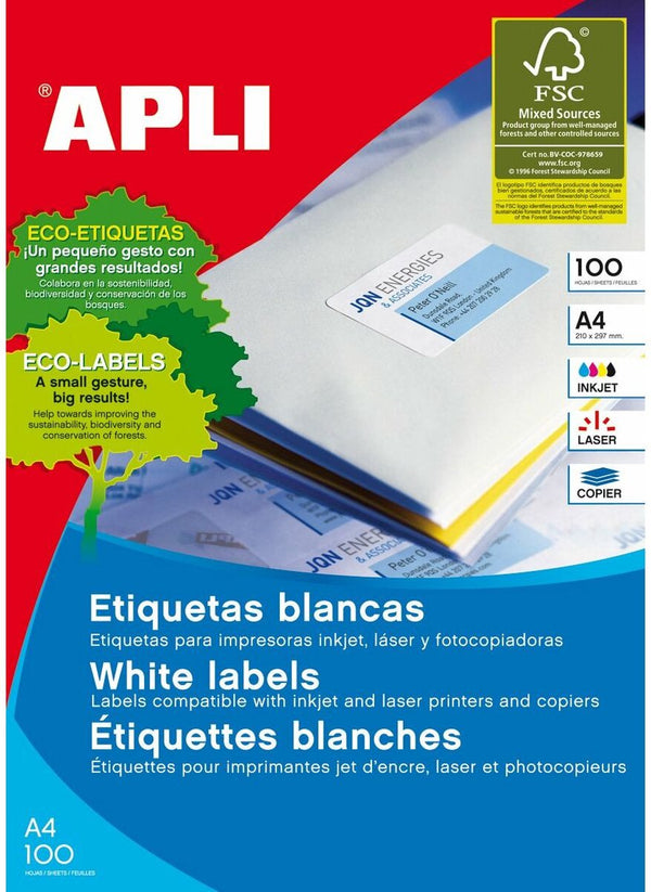 Apli klevende etiketten 1281 100 lakens 210 x 297 mm wit