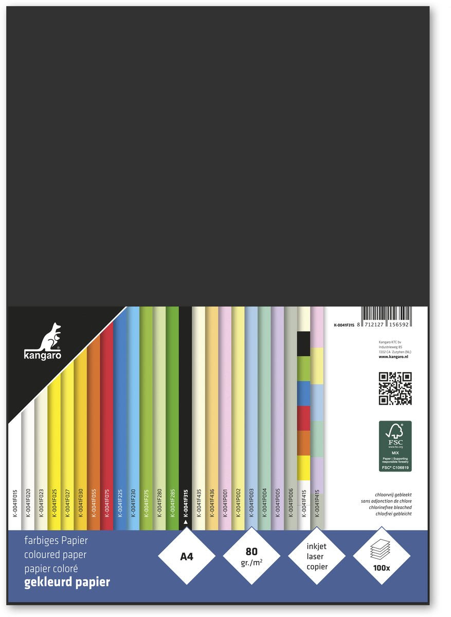 Merkloos sans marque kangaro papier - formaat a4 - 80 grams - zwart - pak 100 vel - k-0041f315