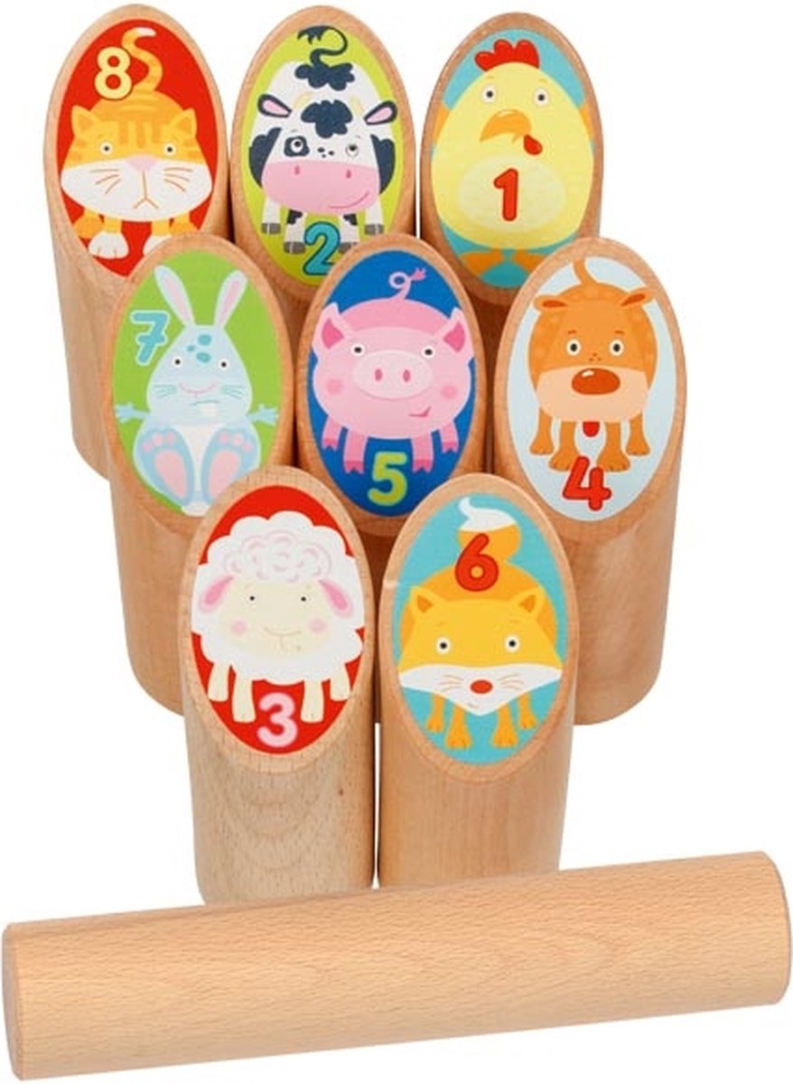 Goki houten viking spel dierenkubb in katoenen zak