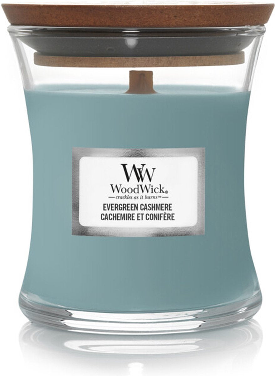 Woodwick geurkaars mini candle - evergreen cashmere - 20 branduren - 85gr - 8 cm ø 7 cm