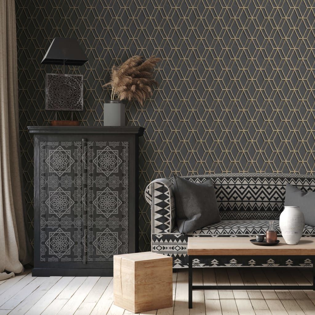 Dutch wallcoverings behang zeshoekig zwart en goudkleurig