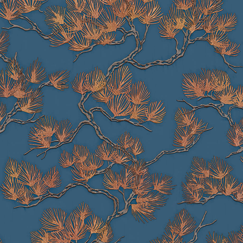Dutch wallcoverings behang dennenboom goudkleurig en blauw