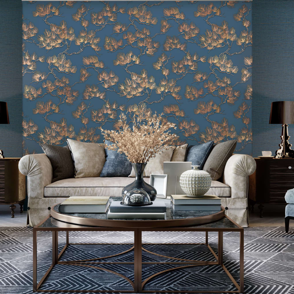 Dutch wallcoverings behang dennenboom goudkleurig en blauw