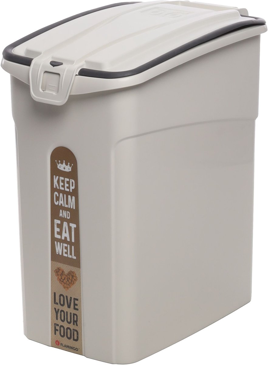 Flamingo voerton hond – 33l – rechthoekig – beige – met handvat – deksel met klepje dat vastklikt – inclusief schepje – kunststof – 26,5x42x46 cm – kolio