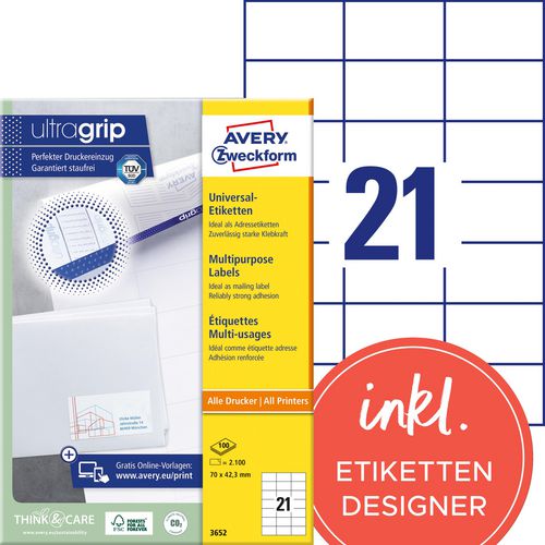 Etiketten avery zweckform 3652 universeel 70x42,3mm