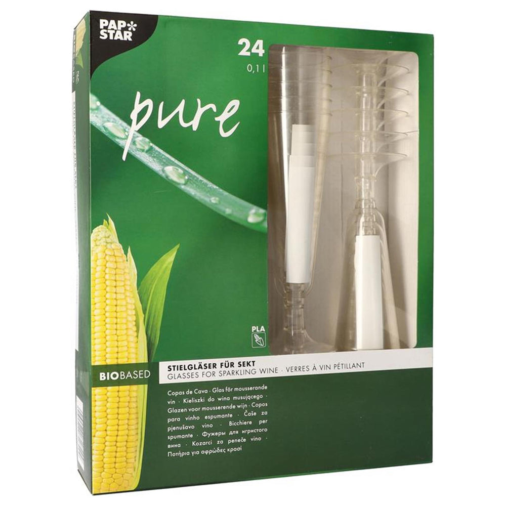 Papstar 24 glazen voor mousserende wijn pure 100ml ø5,5x16,5cm glashelder gemaakt van recyclebaar pla plantaardige bioplastic