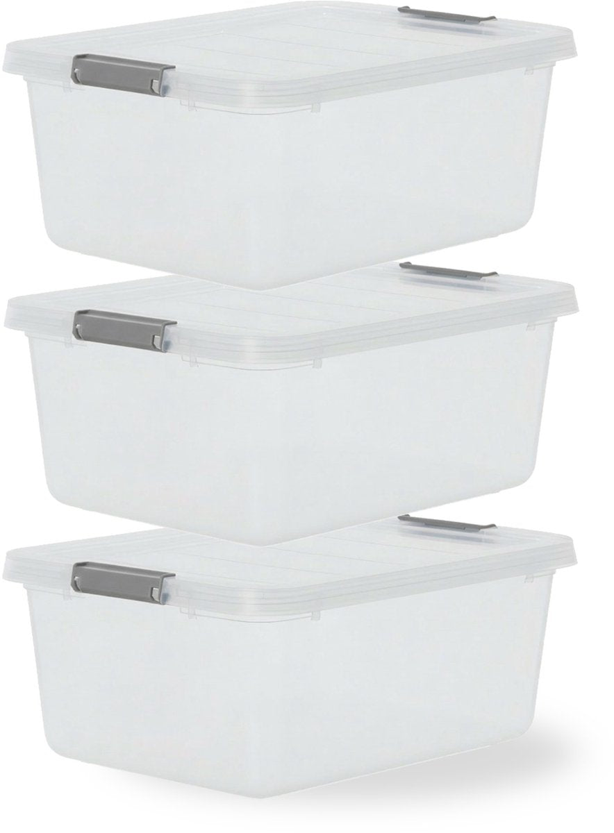 Iris storage opbergbox met clips - 12.5l - stapelbaar - kunststof - transparant grijs - set van 3