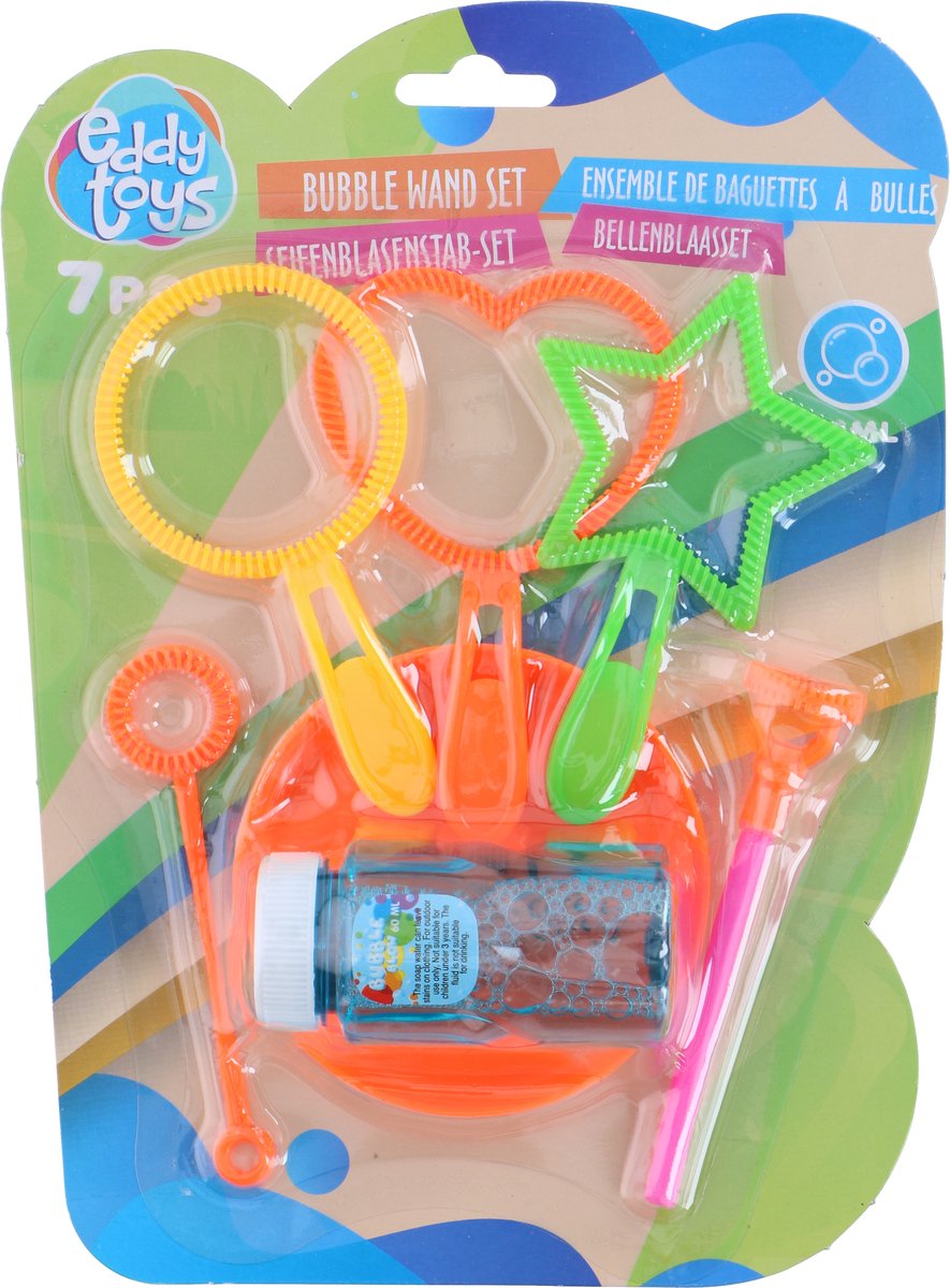 Eddy toys bellenblaas set 7-delig - bubble wand with solution voor kinderen - bellenblaas met vloeistof inclusief stok en schaal - bellenblaas staaf in diverse vormen