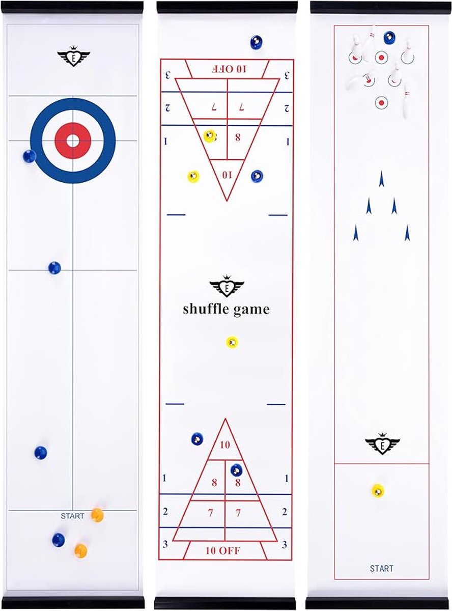 Engelhart 3-in-1 gamebox – curling, shuffle bowling – multifunctioneel tafelspel – 120 x 28 cm – 3-in-1 spelset – gezelschapsspel behendigheidsspel – indoor spelbox –