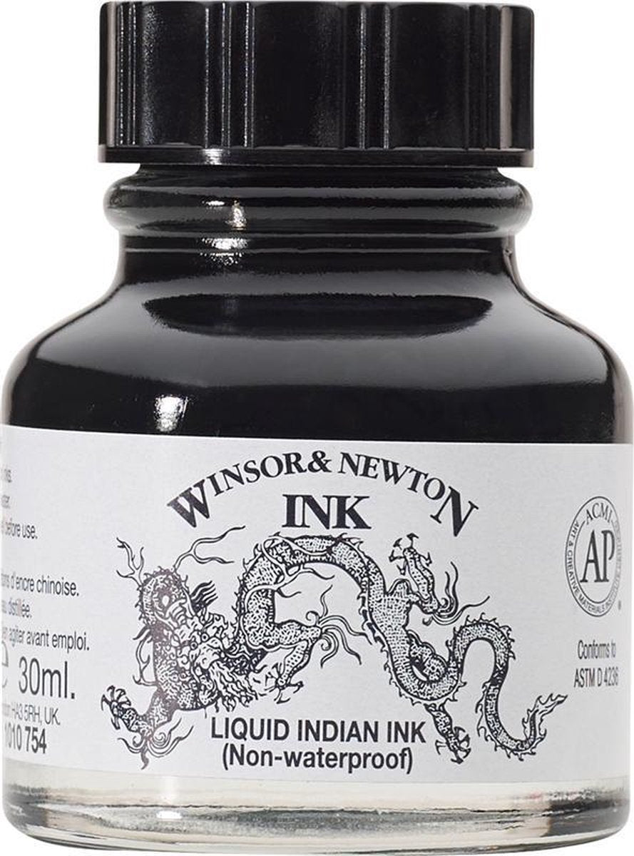 Winsor newton 1010754 liquid indian ink 30 ml – tekentint, snel drogend, voor penseel, pen en airbrush