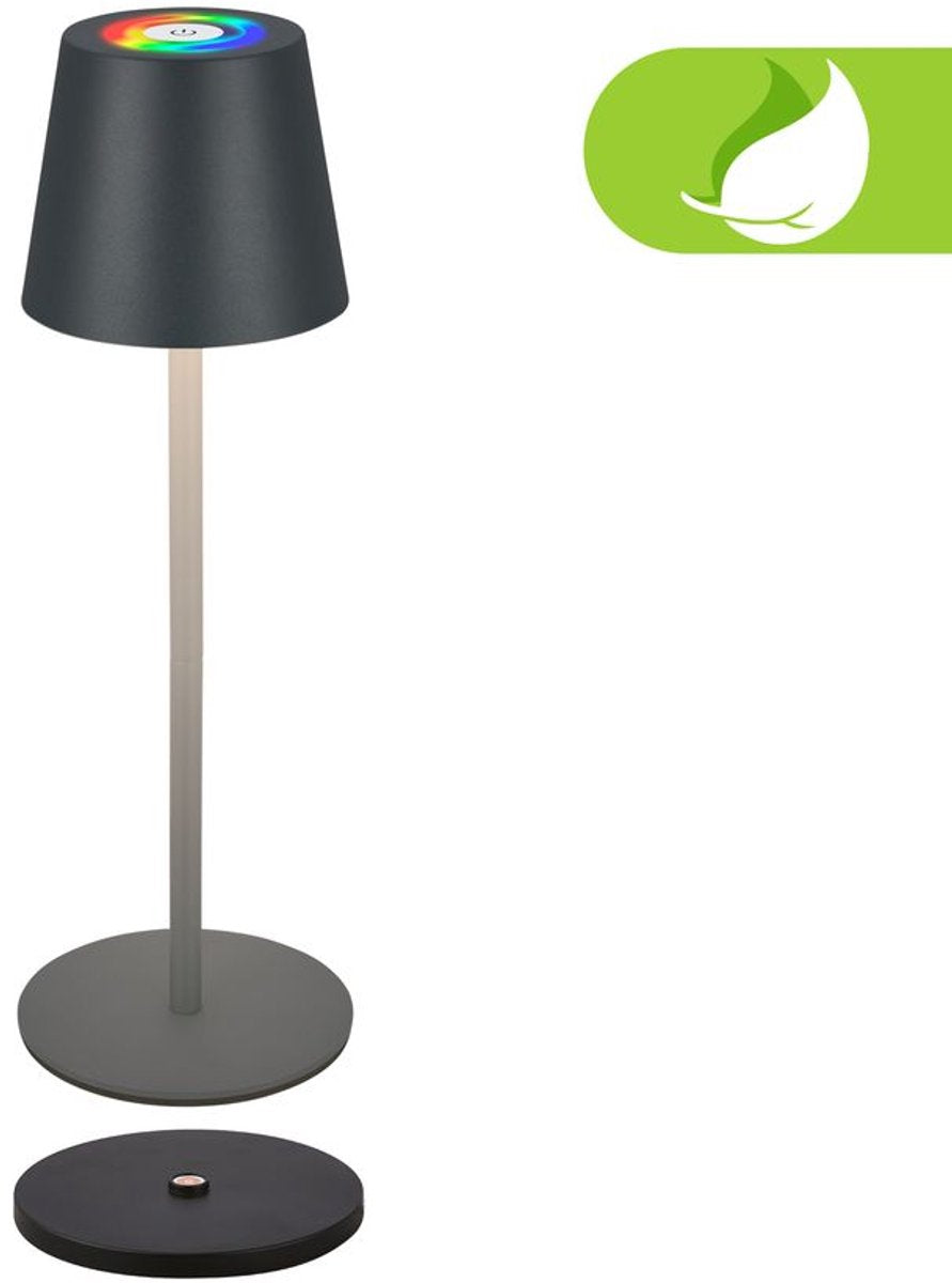 B.k.licht briloner cilano - oplaadbare rgbw tafellamp - snoerloze lamp - dimbaar - voor buiten en binnen - met oplaadstation - 36 x ø10.5 cm - antraciet