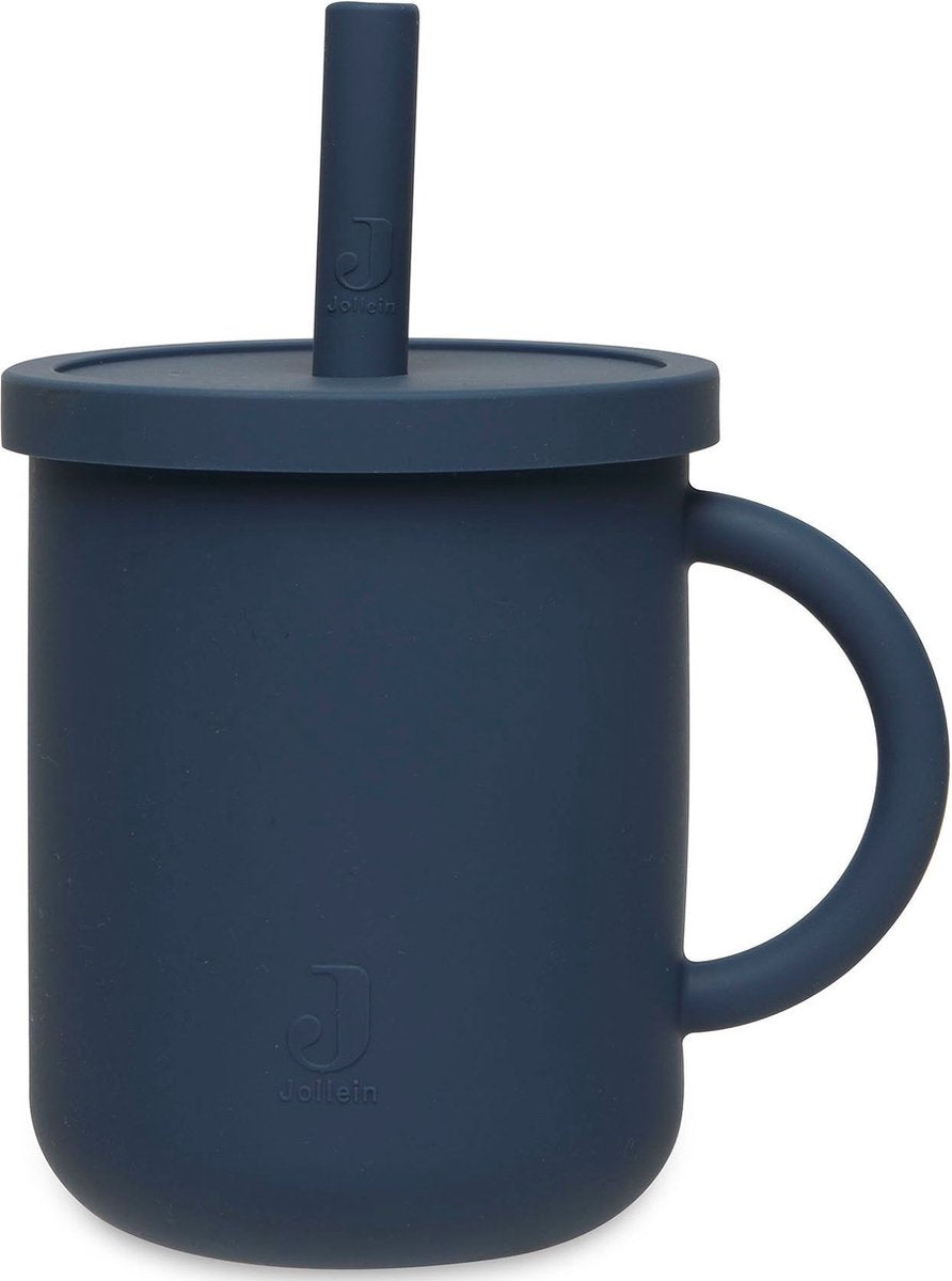 Jollein - drinkbeker met rietje (jeans blue) - siliconen - baby drinkberker, baby bestek - 6-18 maanden