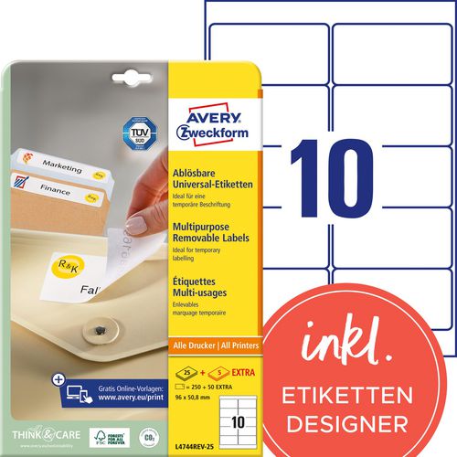 Verwijderbare etiketten avery zweckform l4744rev 250 stuks