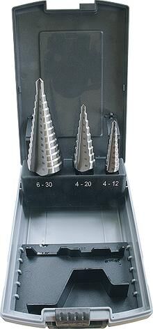 Pro set getrapte boren 3-piece stepped drill bit in plastic box