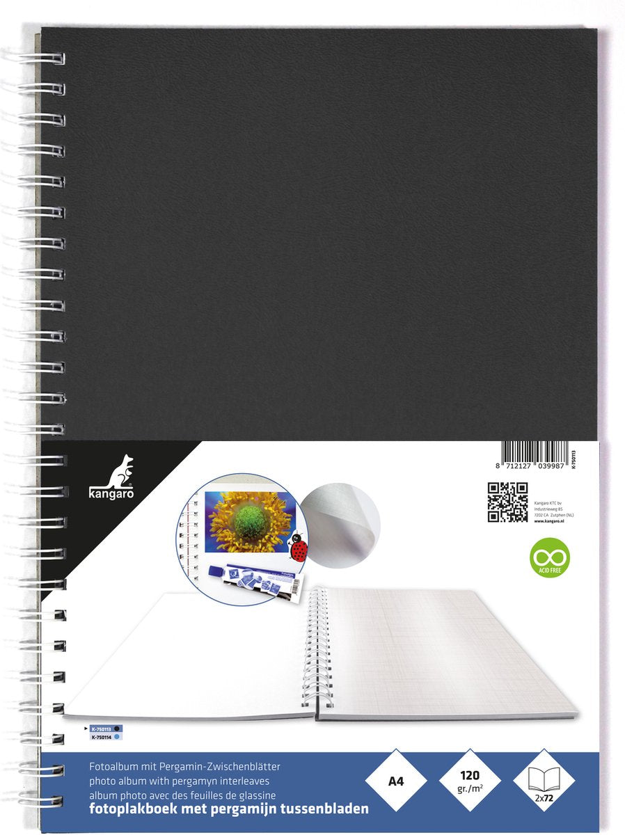 Kangaro fotoplakboek - 33x23cm - zwart - zuurvrij papier - met pergamijnvellen - k-750113