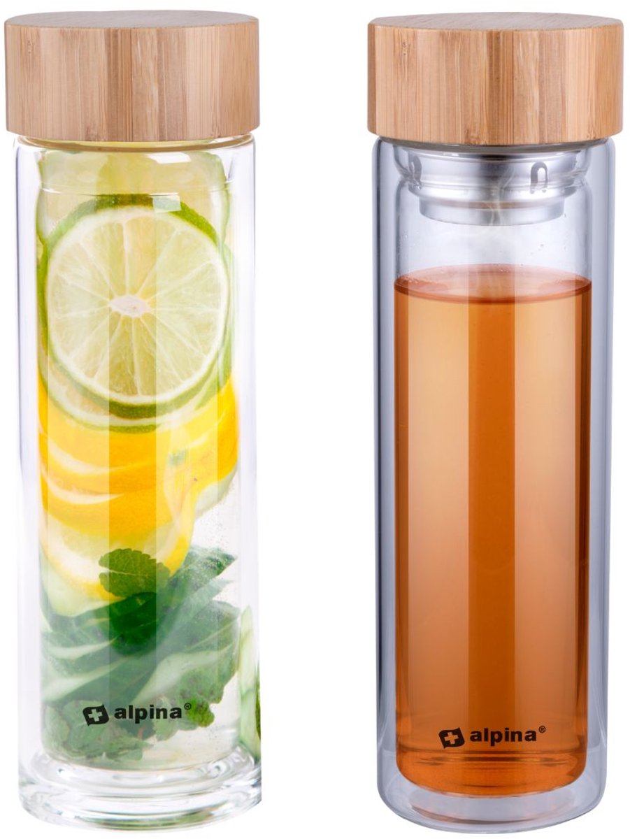 Alpina glazen drinkfles met filter - waterfles dubbelwandig 450 ml - drinkfles bamboe dop en hoes - theefles met theefilter
