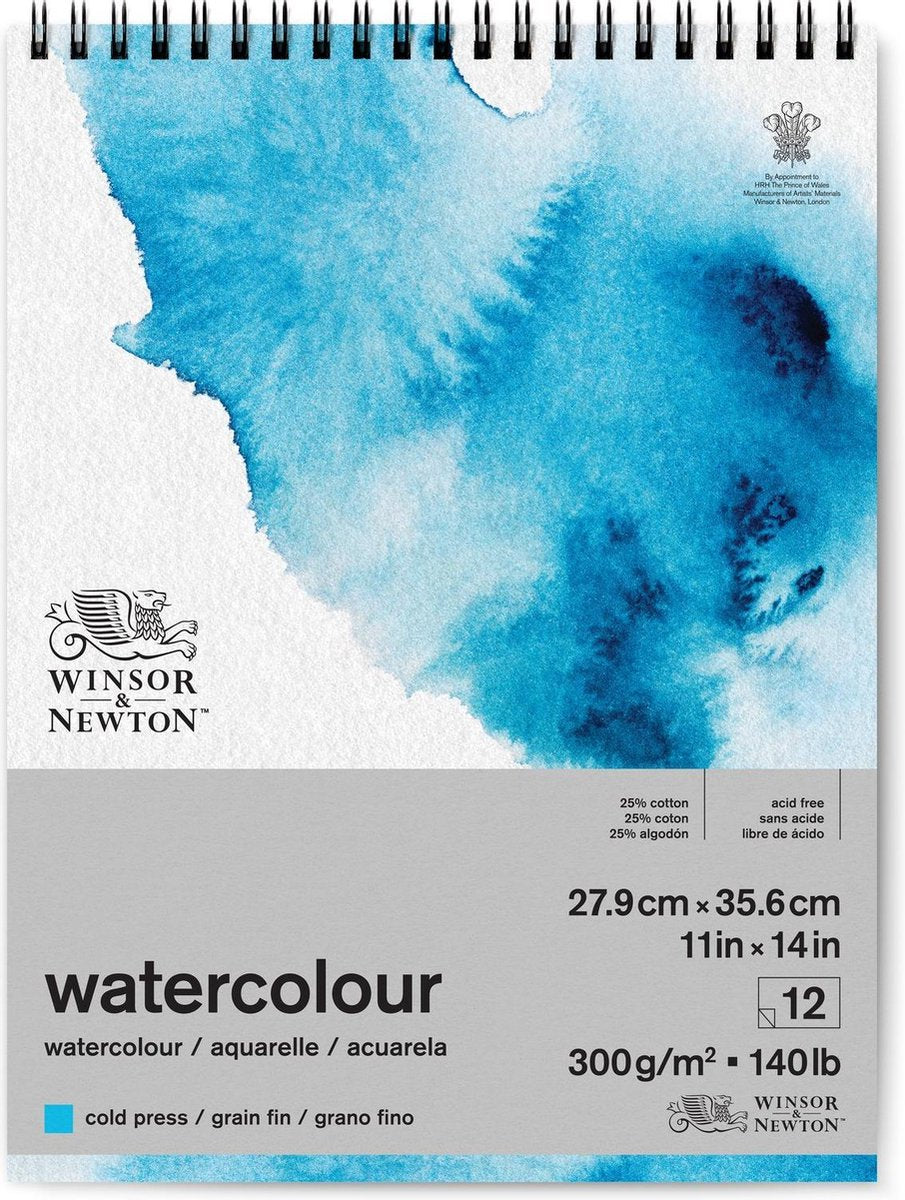 Winsor newton 6662583 aquarelblok spiral pad – 300 g m², 12 vellen, koudgeperst, grain fin - aquarelpapier 27,9 x 35,6 cm