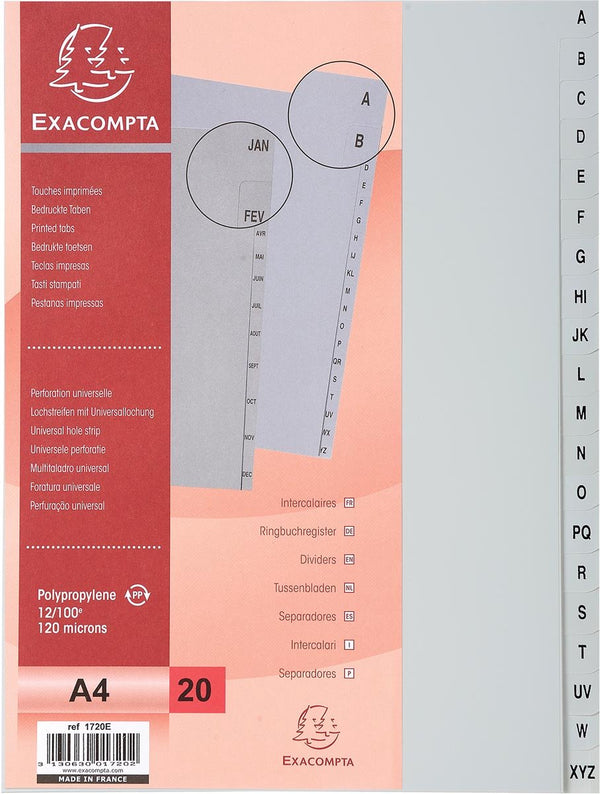 Exacompta tabbladen met bedrukte tabs in gerecycled pp - 20 tabs - a tot z - a4 - grijs - 1720e