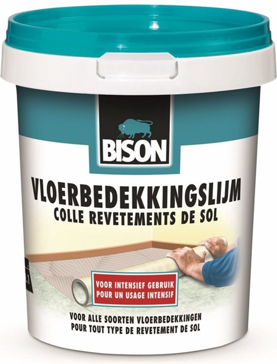 Bison vloerbedekkingslijm emmer 4 kg, kant klare lijm, permanent verlijmen, vloerbedekking, tapijttegels, vloerverwarming geschikt, makkelijk in gebruik